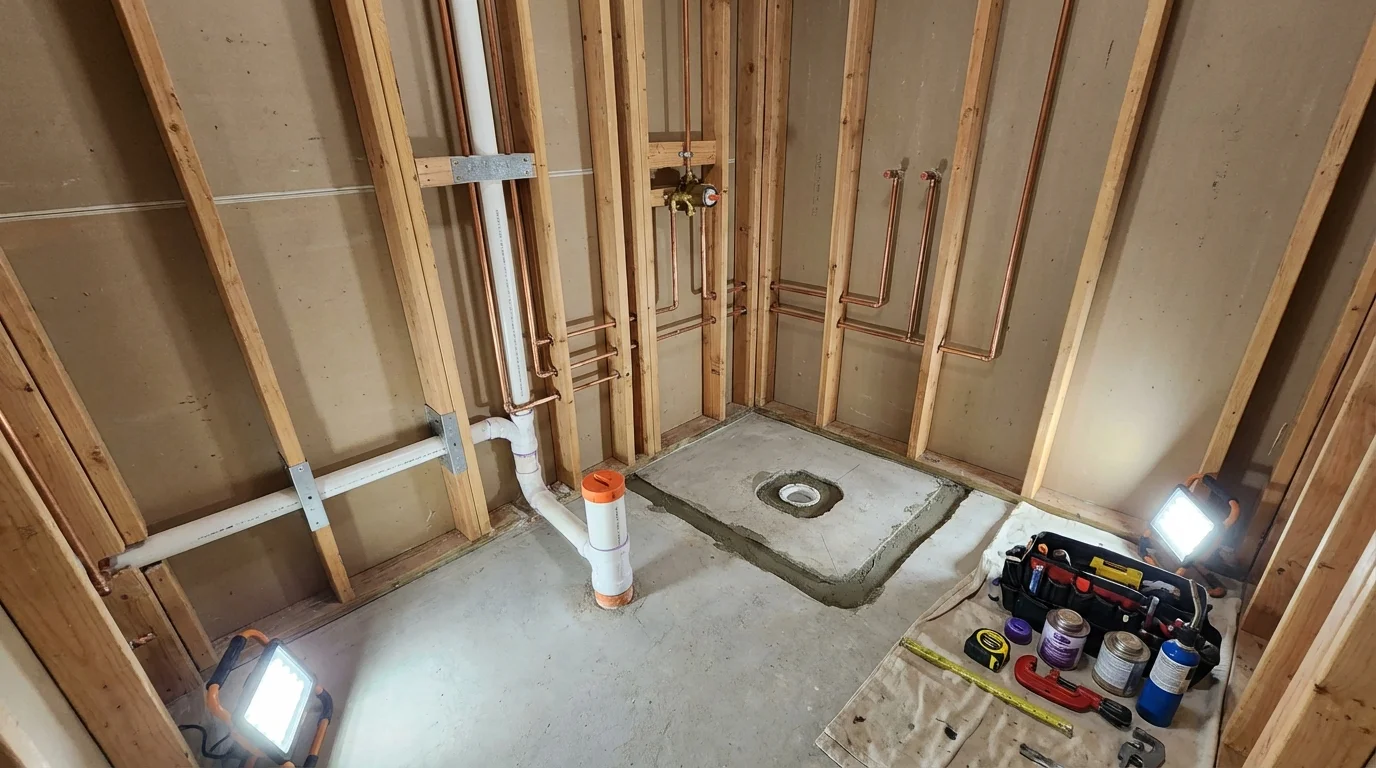 Bathroom rough-in plumbing during remodel by Johns Plumbing LLC in Gurabo