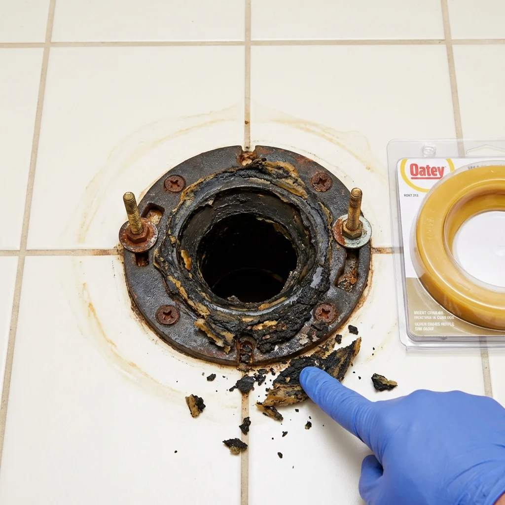 Failed wax ring showing water seepage at the base of a toilet in a Gurabo, PR home